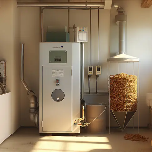 Installation d'une chaudière bois à pellets moderne avec système de stockage, réalisée par HEINIS Energies dans le Sundgau